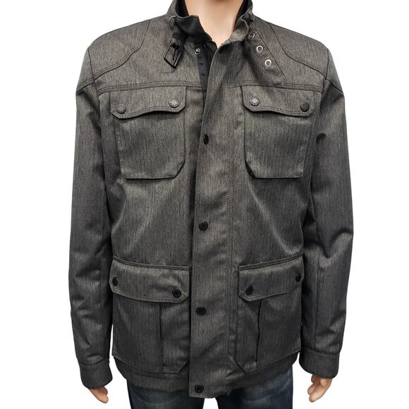 Guess Gunner Jacket Military Style Pea Coat Quilted Lined Gray Herringbone Men L - Picture 2 of 13